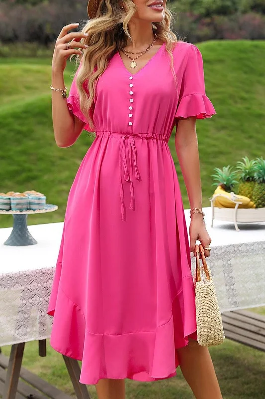 Huge Savings casual slip dressDRAWSTRING RUFFLED PUFF MIDI DRESS