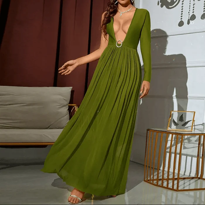 Special Savings wool dressKittenAlarm - Lucy One Sleeve Deep V-Neck Rhinestone Ring Plunge Maxi Dress