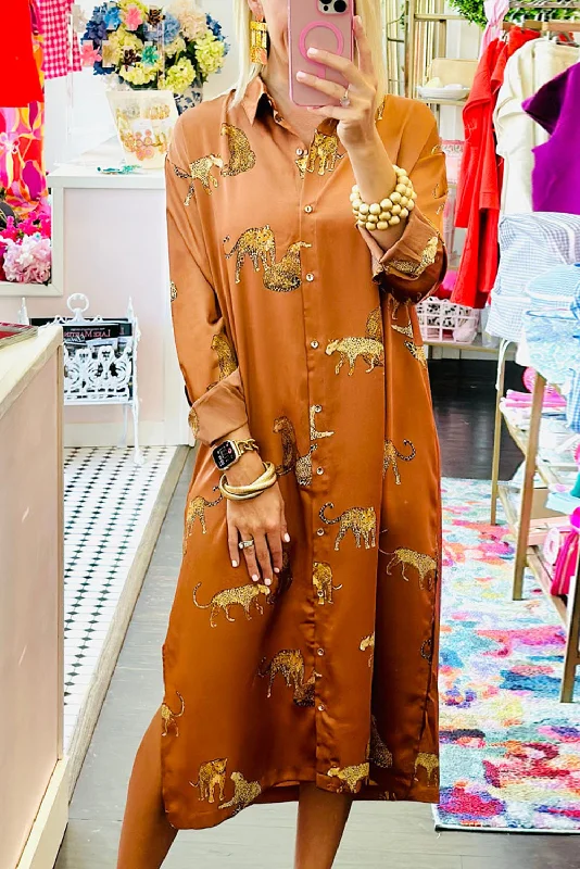 Unbeatable Prices Mustard Cheetah Print Button-Up Split Shirt Dress