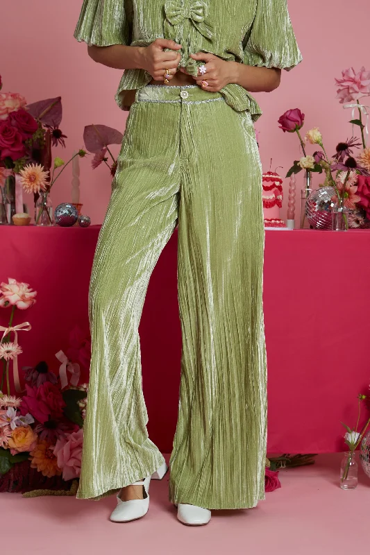 Price Meltdown Jolene Crushed Velvet Green Wide Leg Trouser