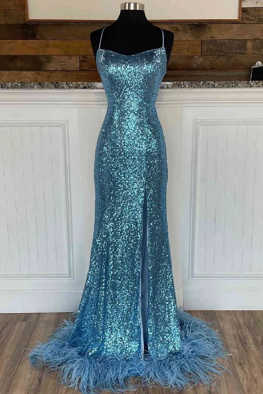 off-the-shoulder dressLong Sequined Blue Straps Prom Dress with Feather Hem Y340