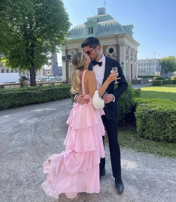 Great Bargains statement dressPink A-Line Halter Chiffon Layers Long Prom Dress,DP1761