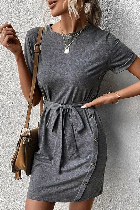 Markdowns romantic dressSIDE BUTTON POINT TIED WAIST ROLL UP SLEEVE DRESS