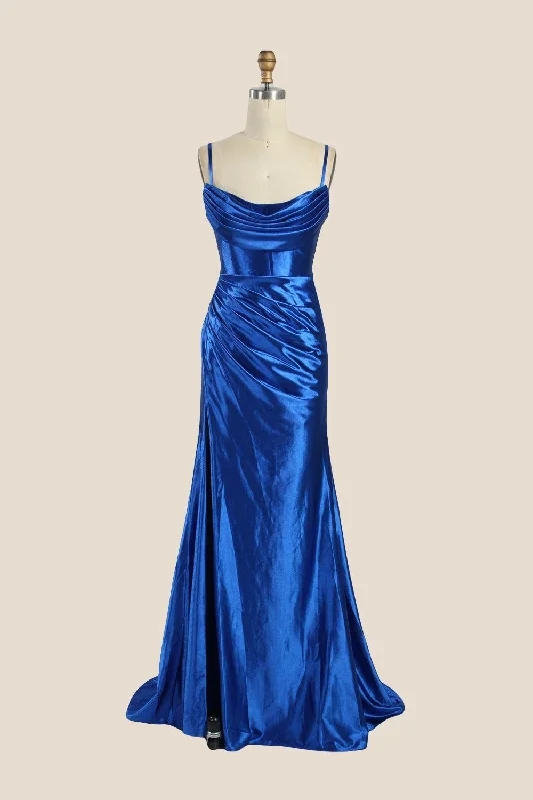 bohemian dressCowl Neck Royal Blue Ruched Satin Long Dress