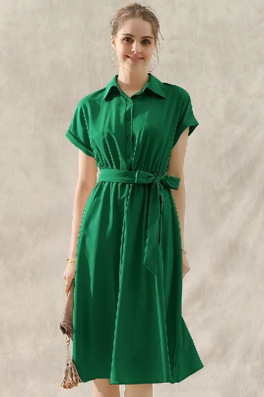 Blowout Deals fitted bodycon dressROLL UP SLEEVE TIED WAIST FLARE SHIRTS DRESS