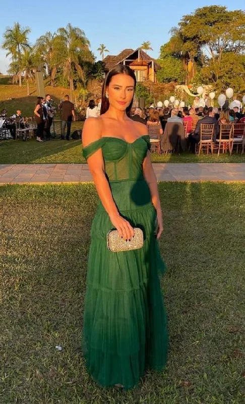 casual summer dressOff the Shoulder A Line Green Tulle Prom Dresses Y1060