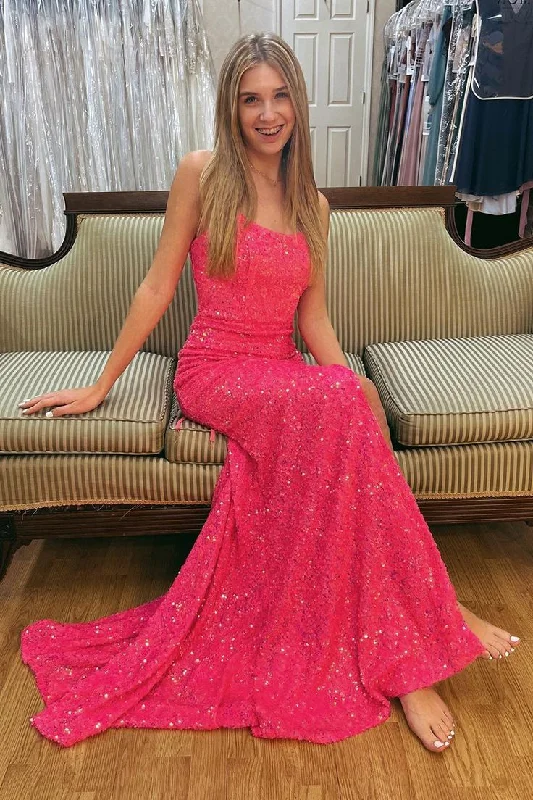 The Best Prices chic slip dressHot Pink Scoop Neck Mermaid Sequins Long Prom Dress, DP2617