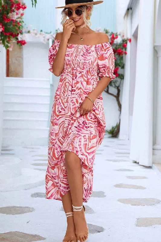 Exclusive Savings casual slip dressMABLE PATTERN OFF SHOULDER FLARE MAXI DRESS