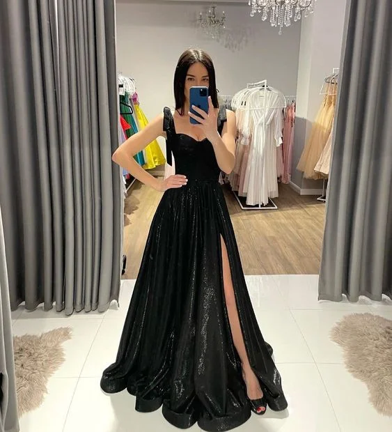 sophisticated dressA-Line Black Long Prom Dress With Side Slit Y192