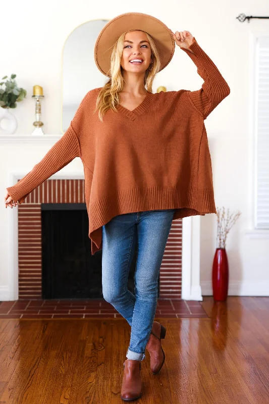 Referral Discount Rust Oversized Sweater Knit Top with Side Slit