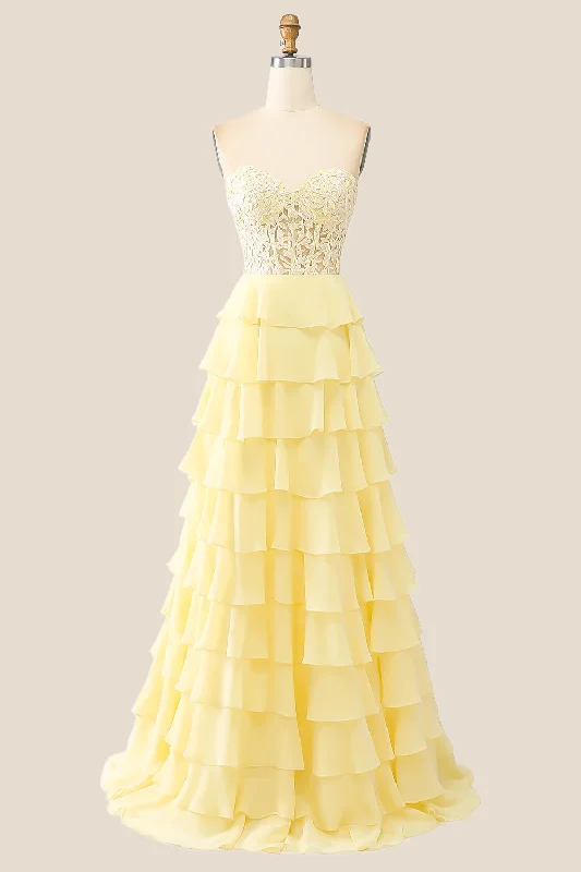 ashionable dressSweetheart Yellow Appliques Tiered Ruffles Dress