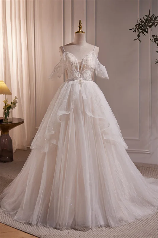 vintage dressStraps White Tulle Tiered Tulle Formal Gown