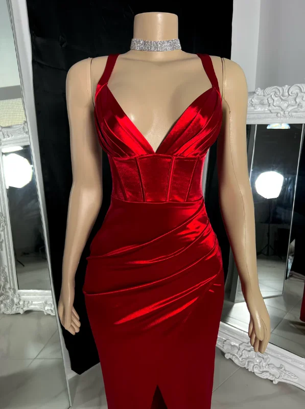 Online Specials formal dressCharming Red Satin Straps Long Party Dress with Slit, DP2608