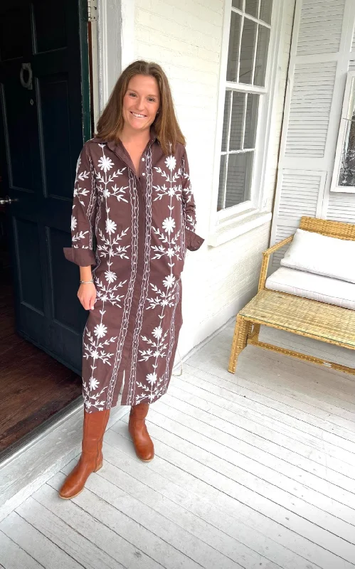 Clearance Sale Elizabeth Embroidered Maxi Dress Brown/White