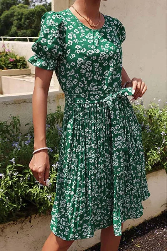 Clearance Event boho-chic dressFRORAL TIED WAIST PLEATED PUFF SHOULDER DRESS