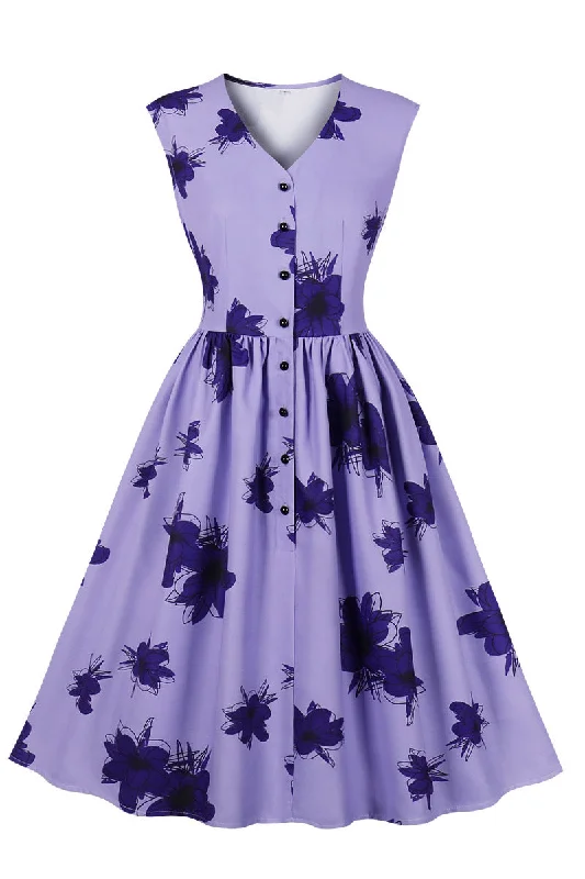 satin midi dressSleeveless Purple Floral Swing Dress with Buttons