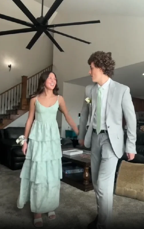 Weekend Special winter dressSage Green Straps A-Line Tiered Cute Long Prom dress, DP2586