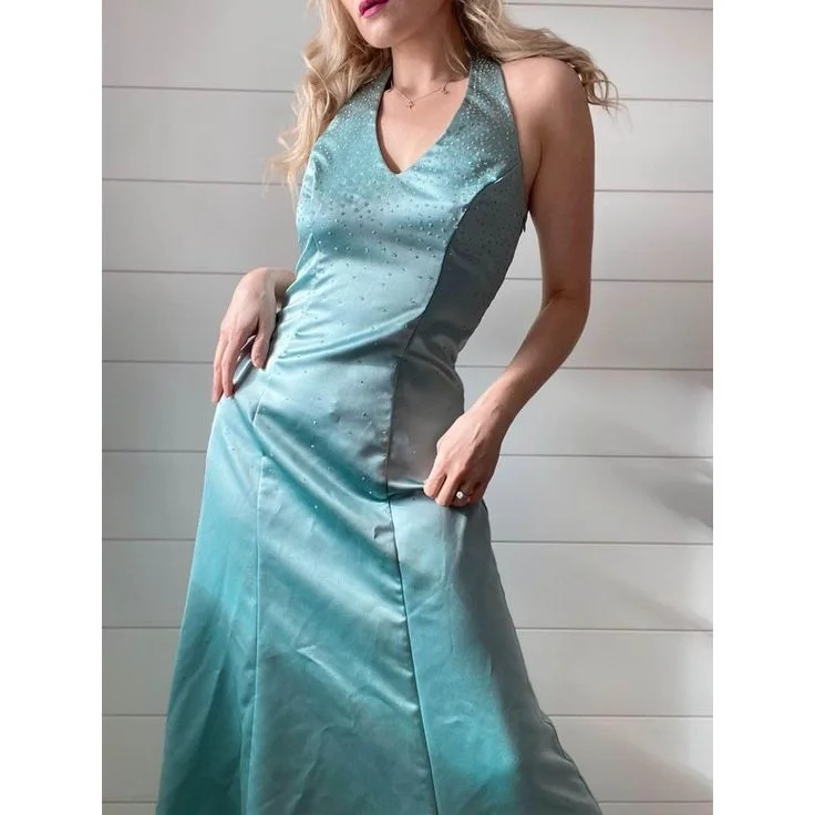 Super Bargain casual summer dressVintage Beading Halter Satin Blue Evening Party Dress, DP2499