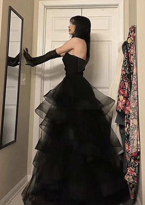 long-sleeve floral dressBlack Layered Tulle Ruffle Prom Dresses for Women Y1135