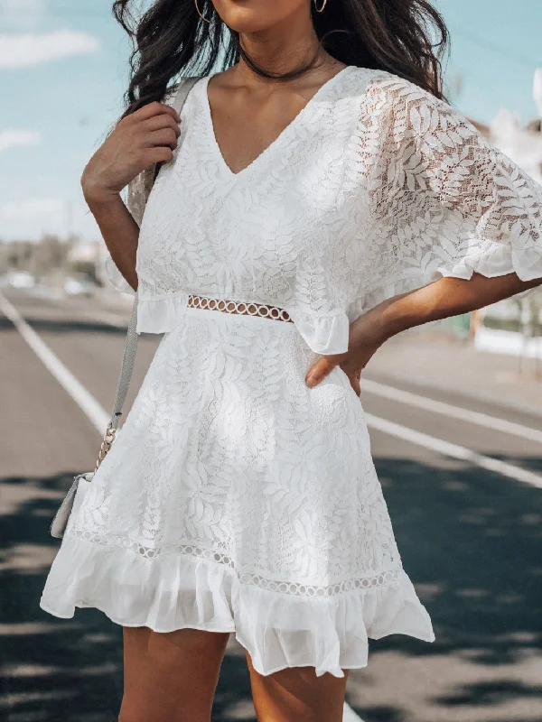 Best Bargains luxury dressV-Neck Lace Short Sleeve Ruffle Dress