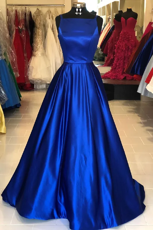 stylish dressHollow Out Royal Blue Satin Long Prom Dress Y1195