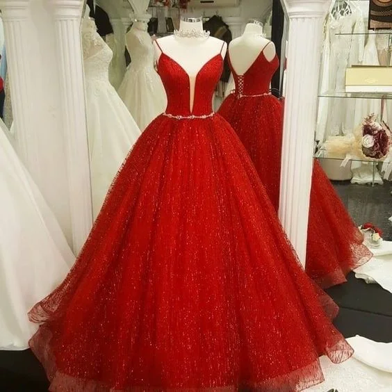 one-shoulder dressGenerous Spaghetti Straps Red A-line Prom Dresses,Formal Dress Y1261