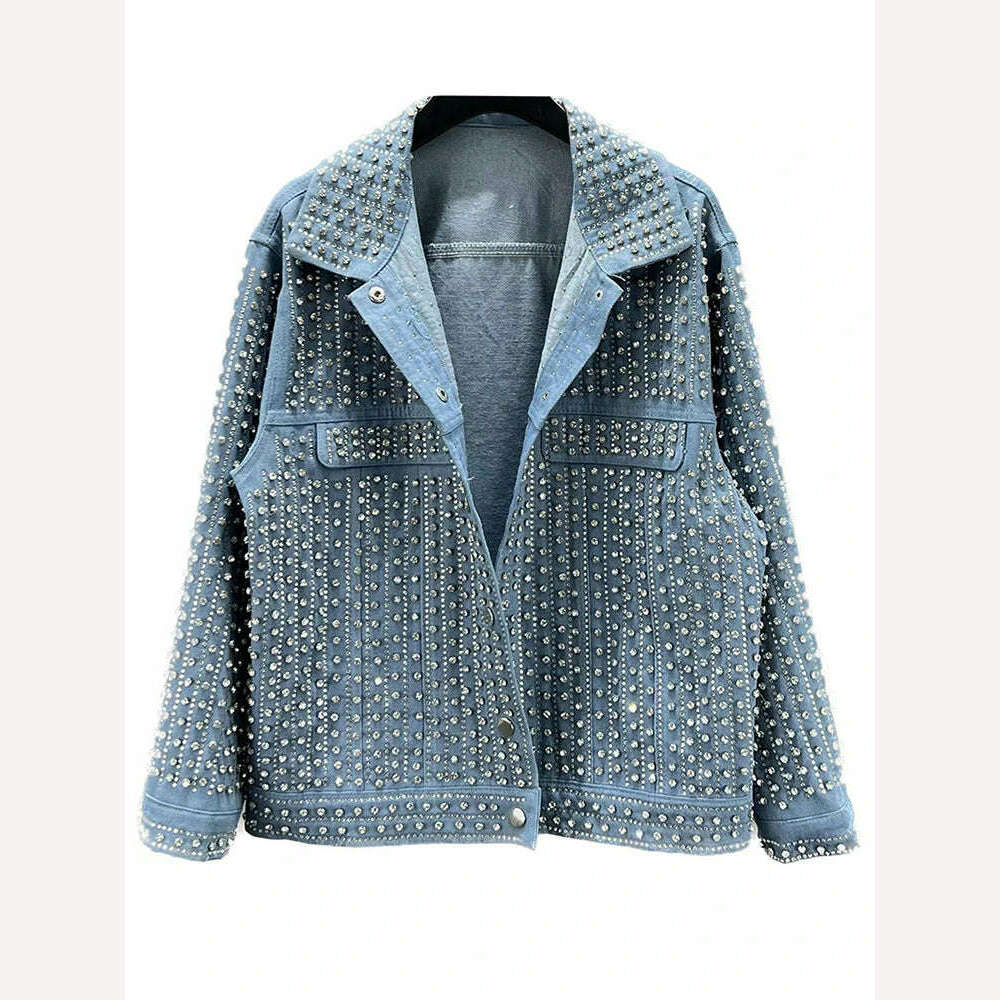 Super Savings [EWQ] Streetwear Patchwork Rivet Denim Jacket Women Fashion Lapel Long Sleeve Loose Coats Female Outerwear 2023 Autumn New Trend