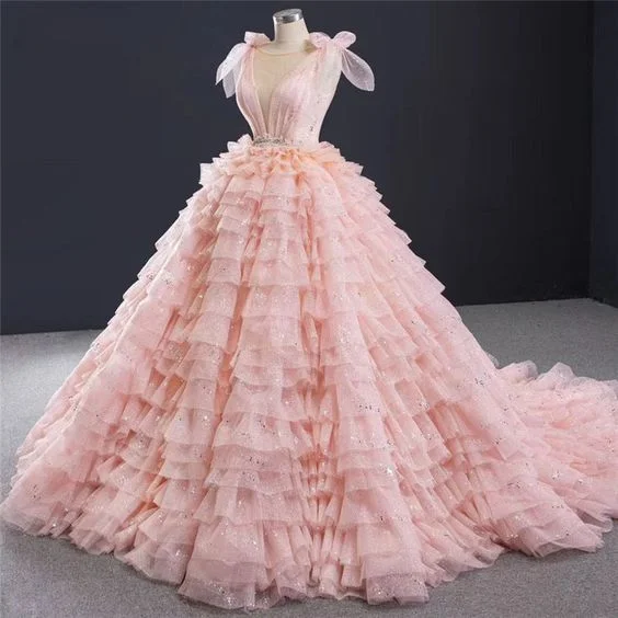 boho dressSparkly Blush Pink Quinceanera Dresses Layered Ruffle Sweet 16 Dress Blush Pink Ball Gown Y476