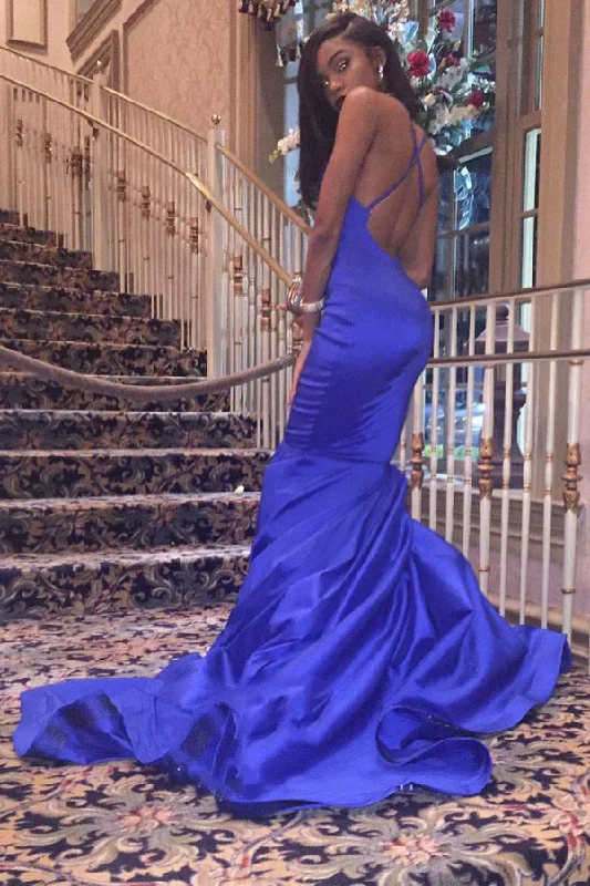 structured dressCharming Satin Mermaid Royal Blue V Neck Backless Criss Cross Prom Dresses Y1267