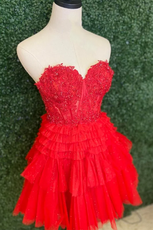 comfy dressRed Sweetheart Lace and Ruffles Short Tulle Dress