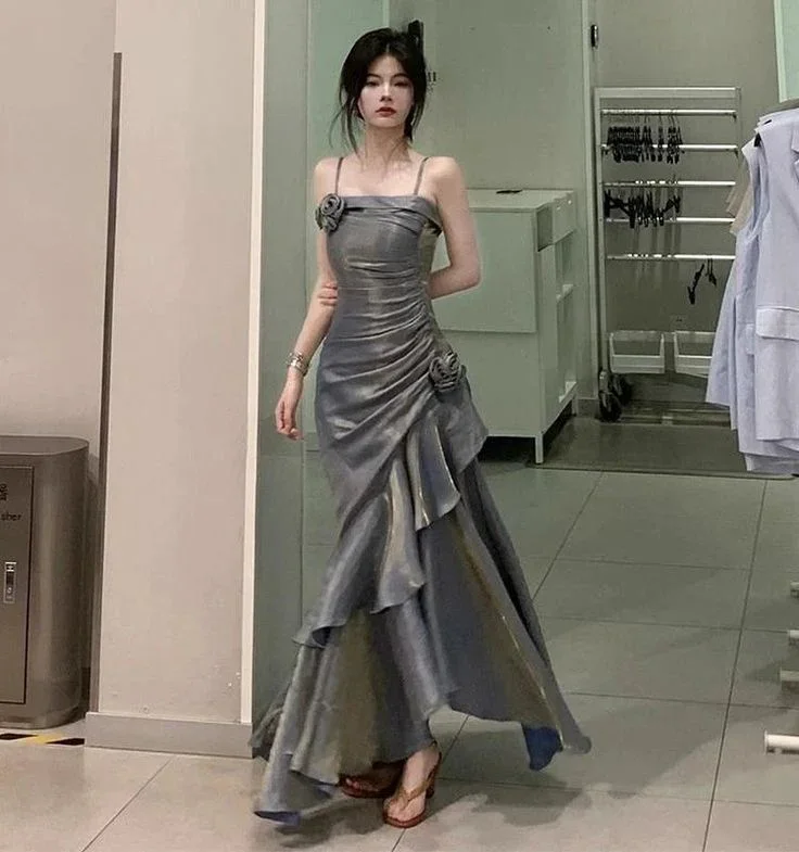 Savings Bonanza printed dressElegant Spaghetti Straps Mermaid Ruffles Long party Dress, DP2574