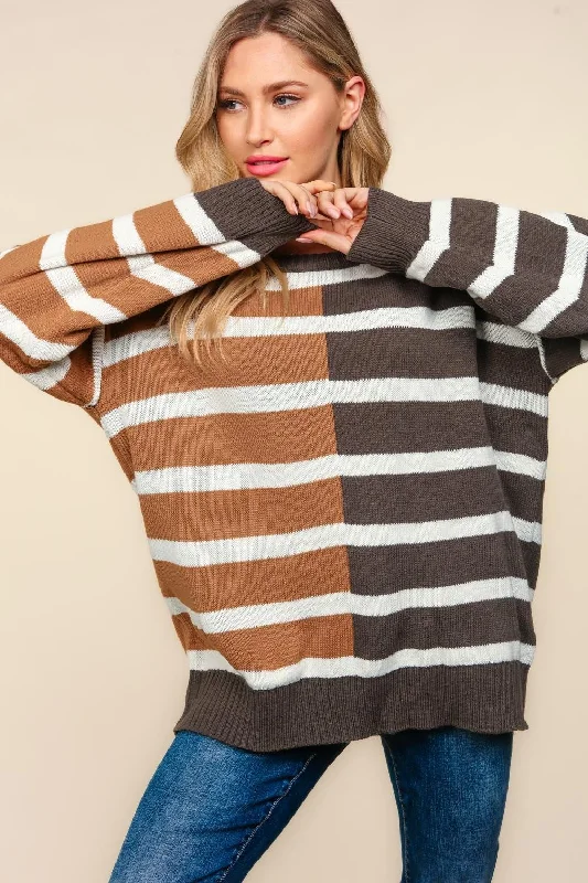 Deal Zone Charcoal/Camel Stripe Color Block Oversized Pullover Sweater
