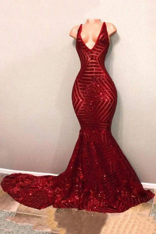 midi dressRed Sequins Glitter V-neck Sleeveless Mermaid Prom Dresses Y953