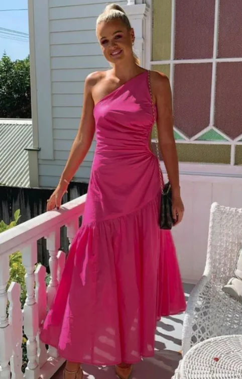 Last Chance ashionable dressHot Pink One Shoulder A-Line Long Party Dress, DP2458