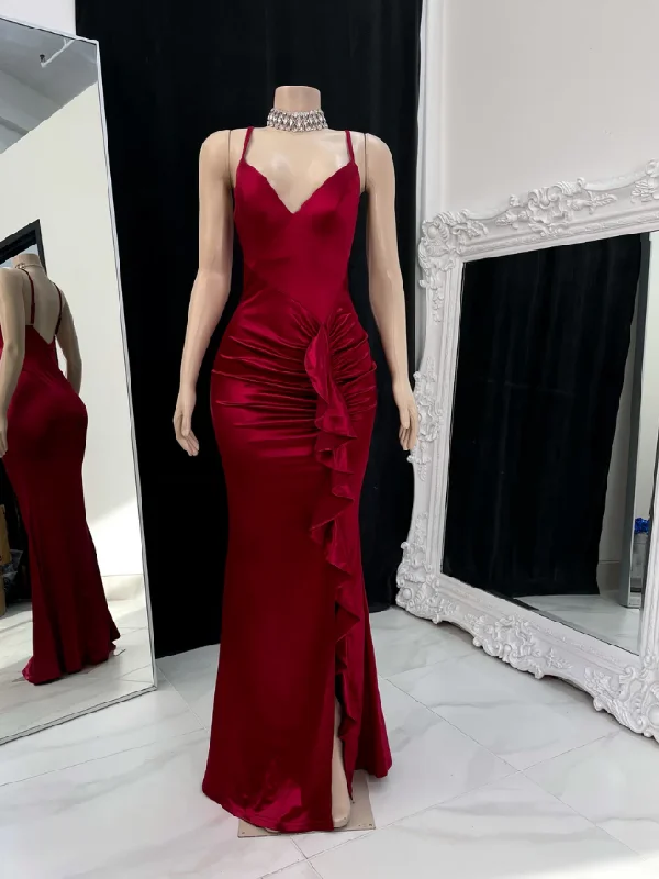 Lowest Prices bodycon dressWine Red Straps Ruffles V Neck Long Prom Dress with Slit, DP2609