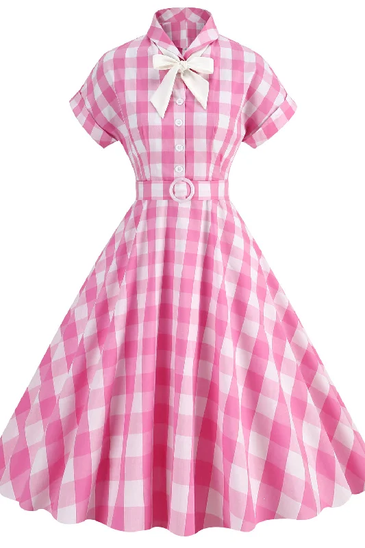 pleated maxi dressNotched Collar Pink Plaid Gingham Swing Dress