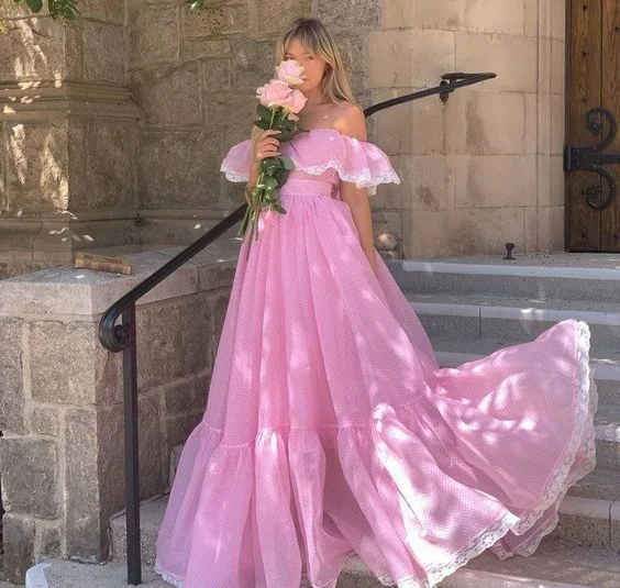 Price Cut printed dressPink Off Shoulder A-Line Sweet Long Party Dress,DP1766