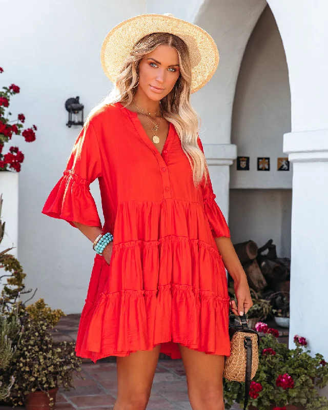Huge Discounts sleeveless dressAlicia Pocketed Ruffle Tiered Babydoll Dress - Red
