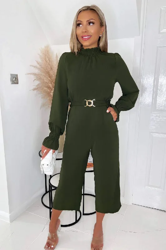 Stock Clearance long sleeve dressBenita Olive Green Belted Pocket Jumpsuit