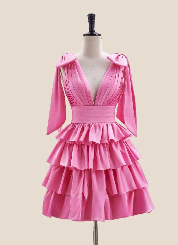 sleeveless dressPlunge Neck Pink Layered Ruched Short Dress