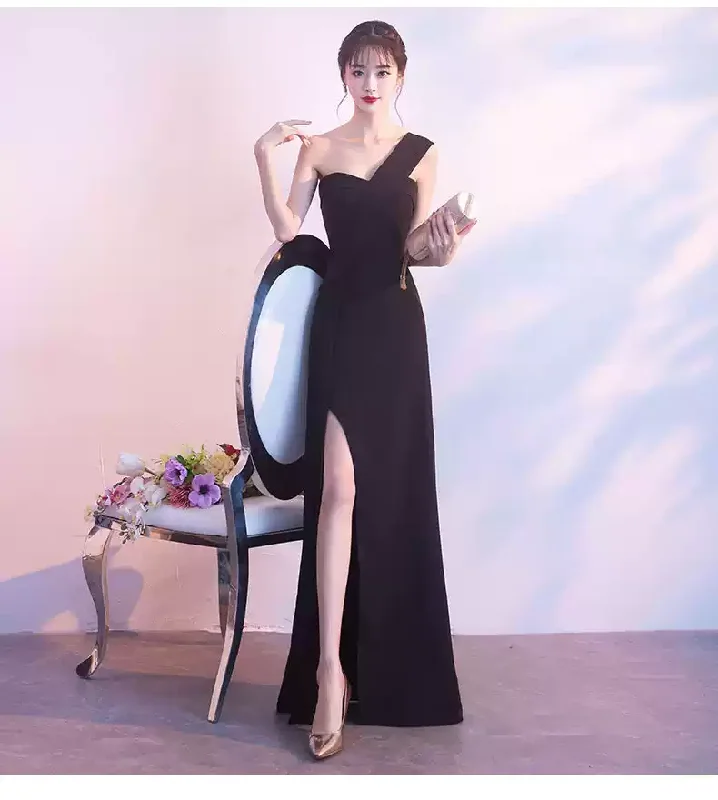 chic shift dressModest Black One Shoulder Long Prom Dress Elegant Formal Gown Y599