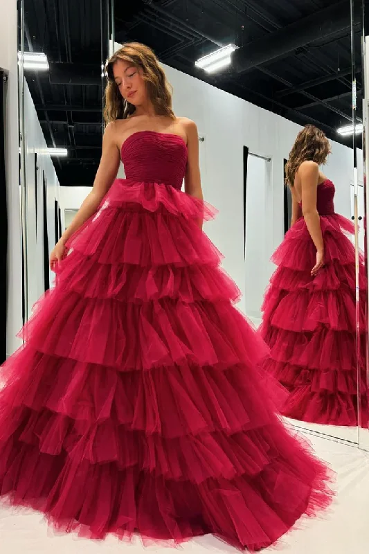 Markdown Madness flowy dressElegant A-Line Strapless Tulle Tiered Long Prom Dress Evening Gown,DP1708