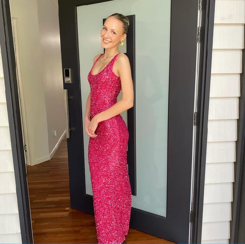 Grand Opening Sale minimalistic dressFuchsia Spaghetti Straps Sequins Mermaid Long Party Dress, DP2633