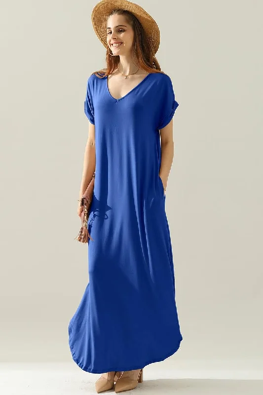 Year-End Clearance lace-up dressSHORT SLEEVE V-NECK MAXI DRESS WITH SIDE SLIT