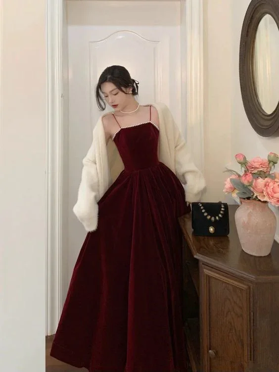 fitted dressSpaghetti Straps Burgundy Velvet Prom Dress Simple Prom Dress Party Dress Y659