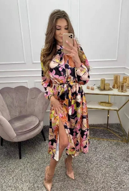 Special Buy backless dressBecky Black Orange Floral Print Belted Midi Dress