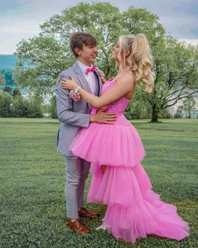 high-waisted dressHigh Low Hot Pink Tiered Prom Dress with Spaghetti Straps Y457