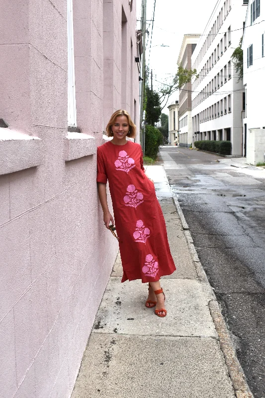 Great Deals Anne Maxi Dress Cuff Sleeve Red with Pink