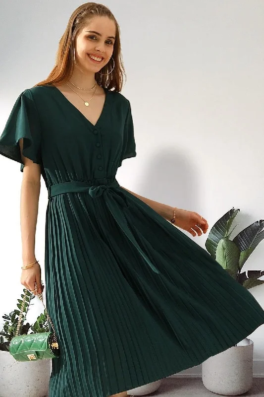 Overstock Sale knit dressV NECK BUTTONED PLEATED DRESS