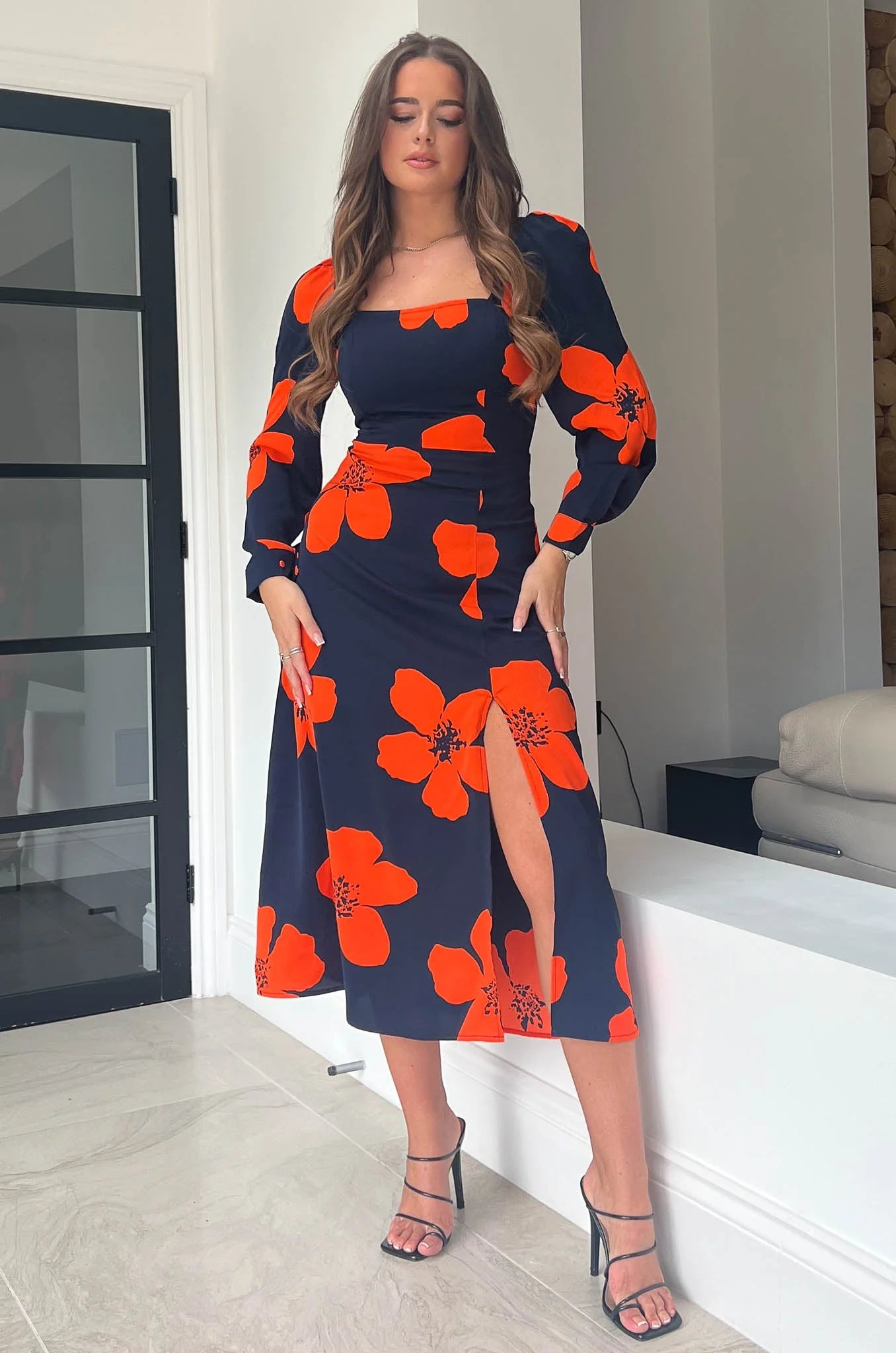 Price Slash casual slip dressBreanna Navy & Orange Floral Square Neck Midi Dress